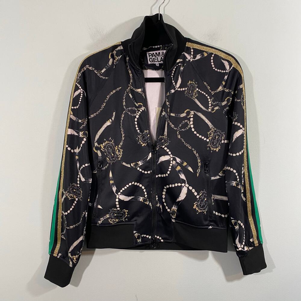 Pam & Gela Chain Print Green & Gold Stripe Micro-Scuba Track Zip Jacket Sz P NWT